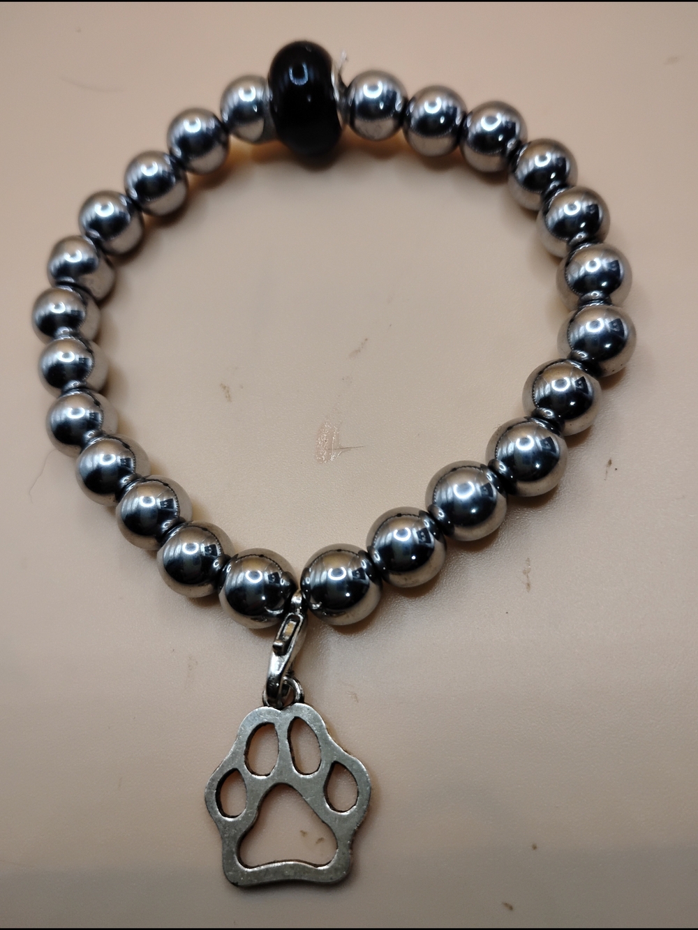 Silver Beaded Bracelet with Paw Charm - Unbranded